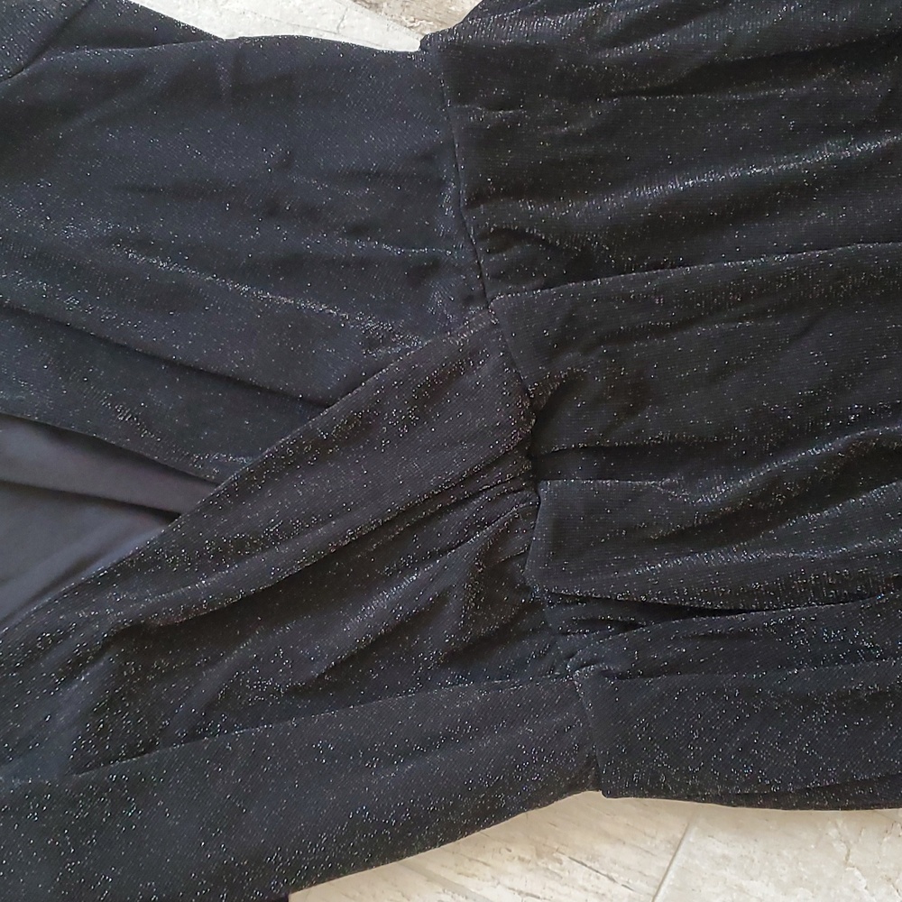 New Women's Small Black Silver Metallic Thread Dress Cap Ruffle Sleeve Hi Lo Hem - Picture 6 of 9